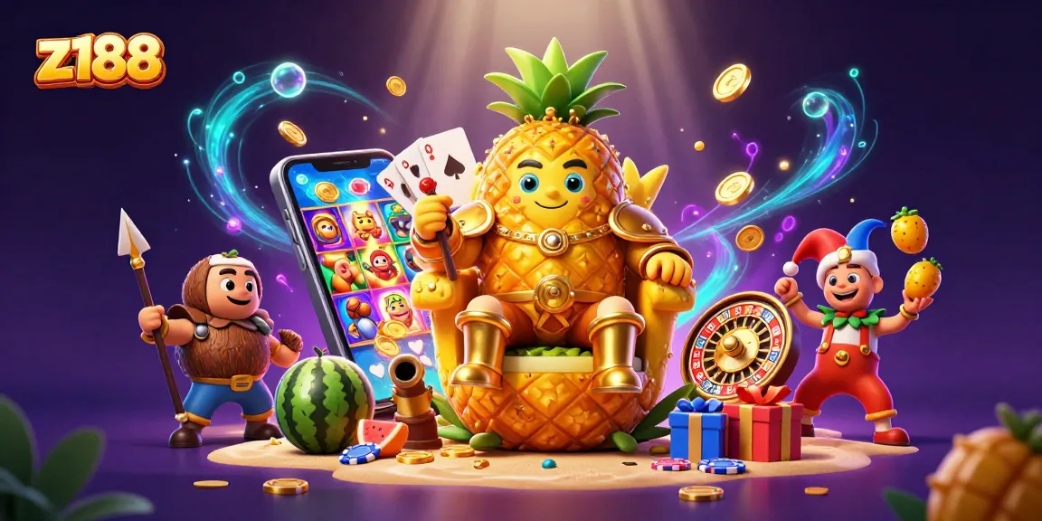 Engage with z188's vibrant online casino scene featuring a golden pineapple king and game elements.