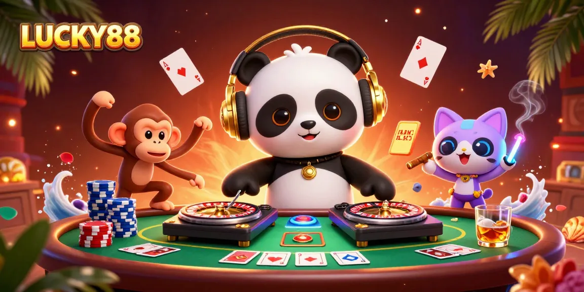 Experience the thrill of LUCKY88 with lively characters and dynamic casino elements in a colorful scene.