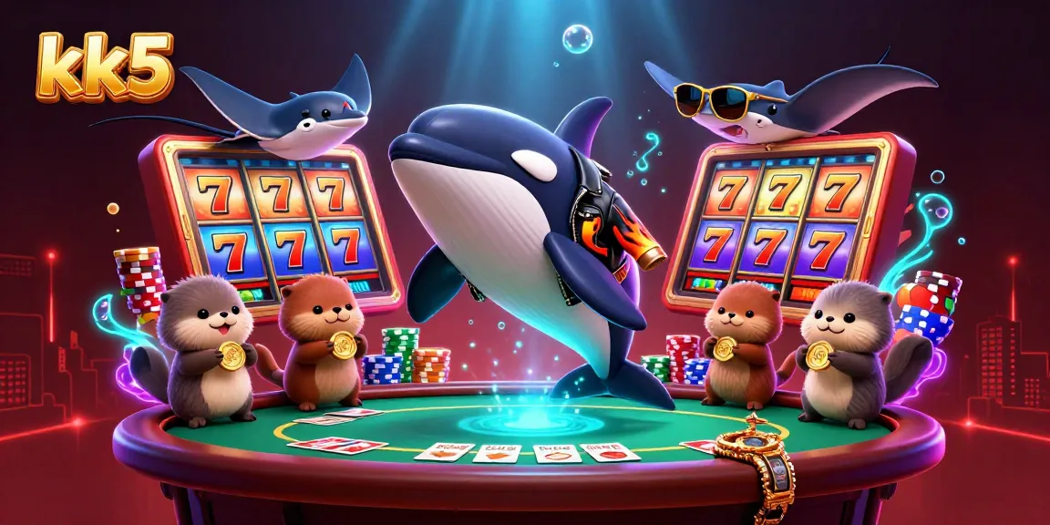 kk5 unleashes excitement with a dynamic scene featuring a whale and otters in a playful casino setting