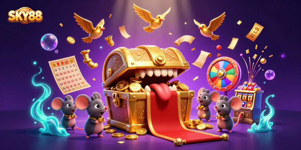 Engage with SKY88's thrilling treasures through vibrant gaming visuals of slots and excitement.