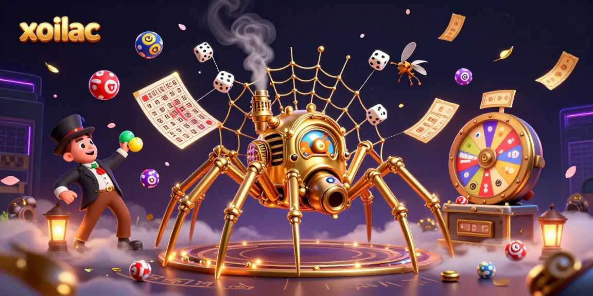 Experience exciting gaming with xoilac, featuring a dynamic scene of a steampunk spider and vibrant lottery elements.