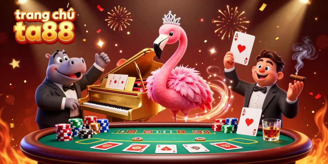 Experience vibrant gaming action with trang chủ ta88, showcasing a lively 3D casino scene with a flamingo singer and poker elements.