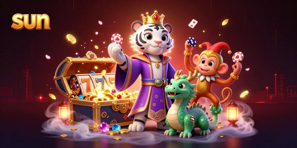 Experience the thrilling atmosphere of the sun-themed casino with a royal tiger, jester monkey, and dragon.