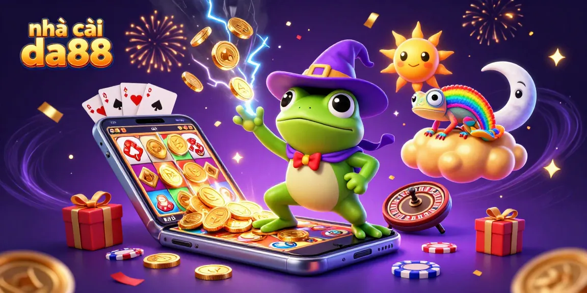 Engage with nhà cái da88 as a weather wizard frog conjures golden coins amidst casino chaos.